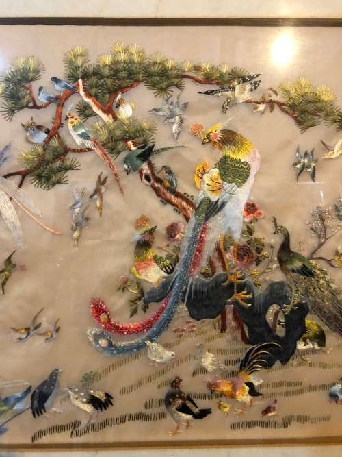 WOW !!! STUNNING LARGE CHINESE SILK EMBROIDERY FRAMED WITH CALLIGRAPHY