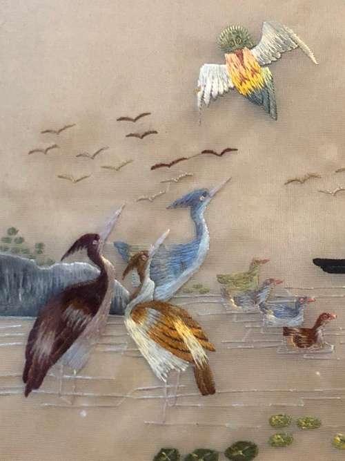 WOW !!! STUNNING LARGE CHINESE SILK EMBROIDERY FRAMED WITH CALLIGRAPHY