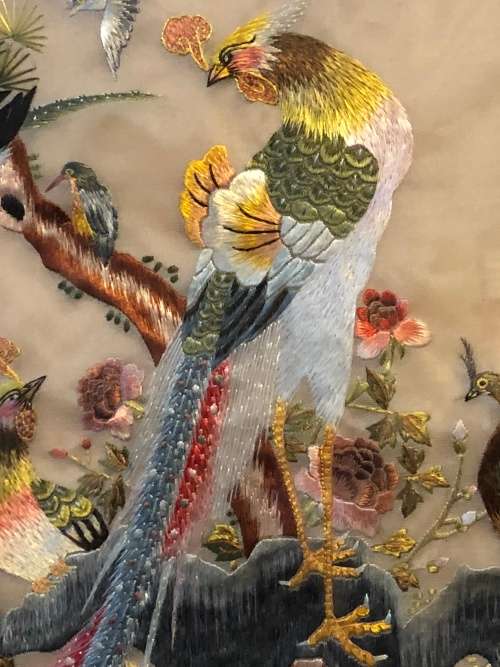 WOW !!! STUNNING LARGE CHINESE SILK EMBROIDERY FRAMED WITH CALLIGRAPHY