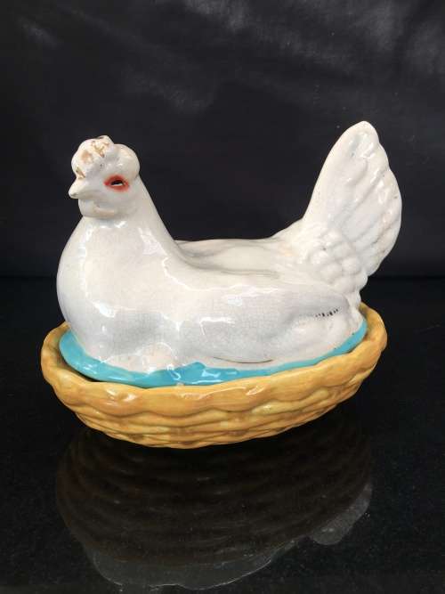 Antique Porcelain Chicken Dish with over 100 years "The British Antique Association Sticker on Base