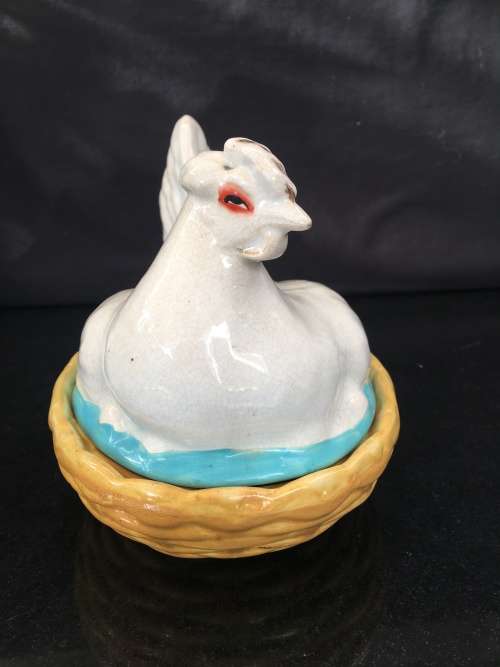 Antique Porcelain Chicken Dish with over 100 years "The British Antique Association Sticker on Base