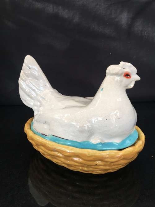 Antique Porcelain Chicken Dish with over 100 years "The British Antique Association Sticker on Base