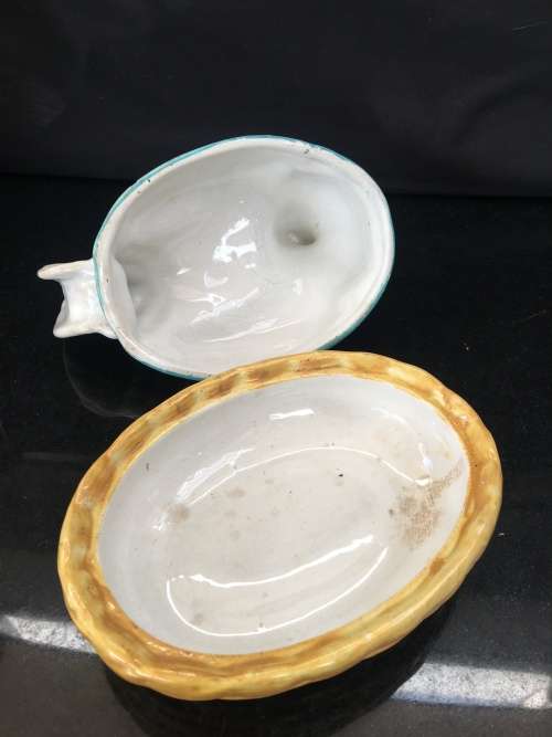Antique Porcelain Chicken Dish with over 100 years "The British Antique Association Sticker on Base