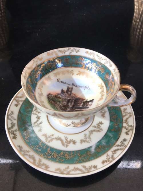 Absolutely Beautiful Antique Victorian Gruss von Drachenfels Footed Demitasse Cup & Saucer