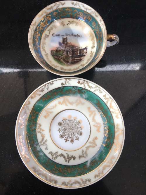 Absolutely Beautiful Antique Victorian Gruss von Drachenfels Footed Demitasse Cup & Saucer