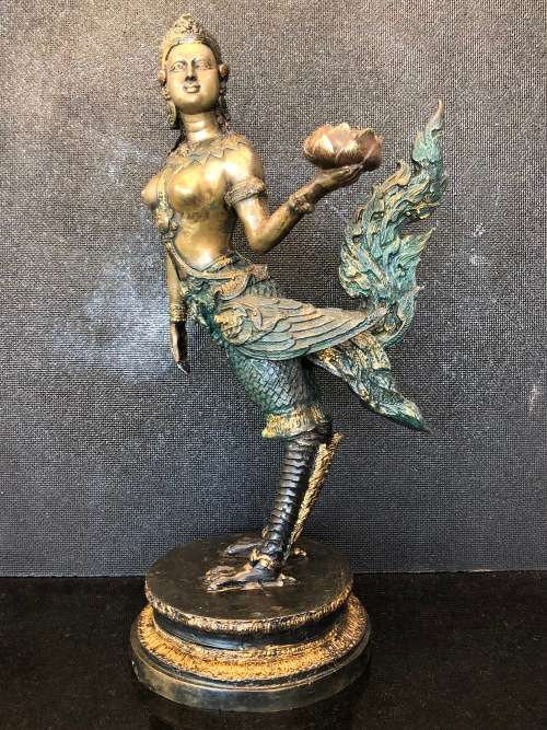 WOW !!! FANTASTIC LARGE ANTIQUE HINDU KINNARI GODDESS SOLID CAST BRONZE STATUE
