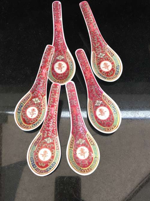 Lot Zhongguo  Jingdezhen Chinese Wan Shou Wu Jiang Red Enameled hand painted Rice Spoons