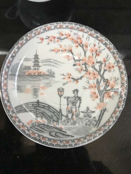 Beautiful Vintage Lithophane Fine Porcelain Grey & Pink Landscape Temple & Geisha Duo.