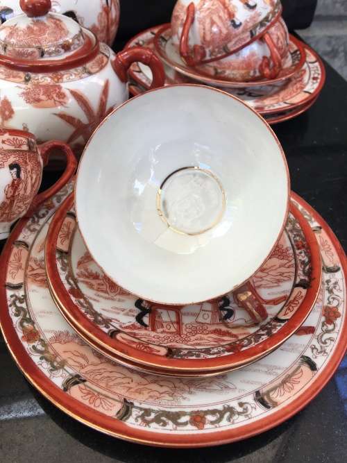 WOW!!! Beautiful Antique FUJICHINA JAPAN Geisha Embossed  Lithophane Tea Set, Bamboo Handle Tea Pot