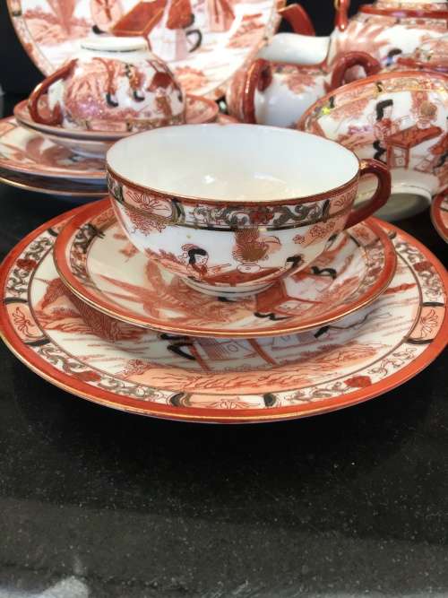 WOW!!! Beautiful Antique FUJICHINA JAPAN Geisha Embossed  Lithophane Tea Set, Bamboo Handle Tea Pot