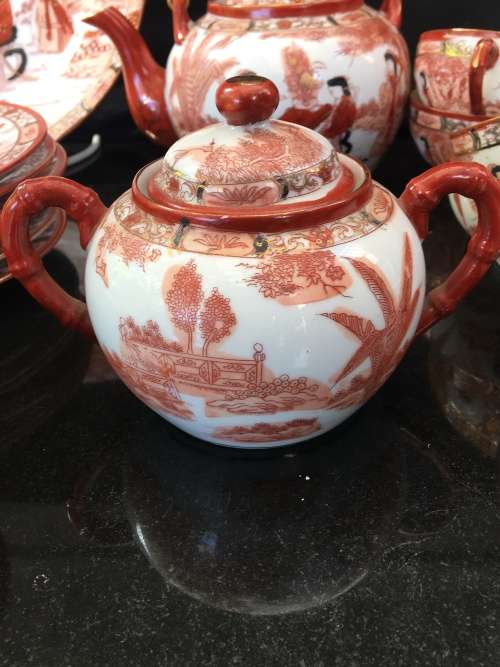 WOW!!! Beautiful Antique FUJICHINA JAPAN Geisha Embossed  Lithophane Tea Set, Bamboo Handle Tea Pot
