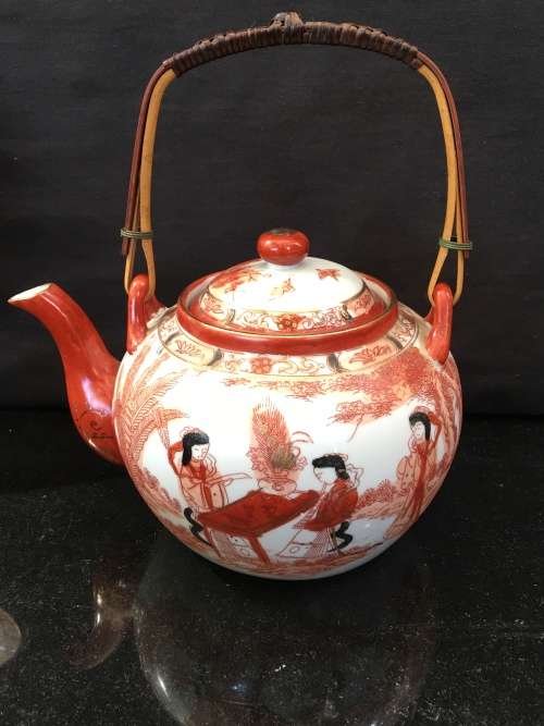 WOW!!! Beautiful Antique FUJICHINA JAPAN Geisha Embossed  Lithophane Tea Set, Bamboo Handle Tea Pot