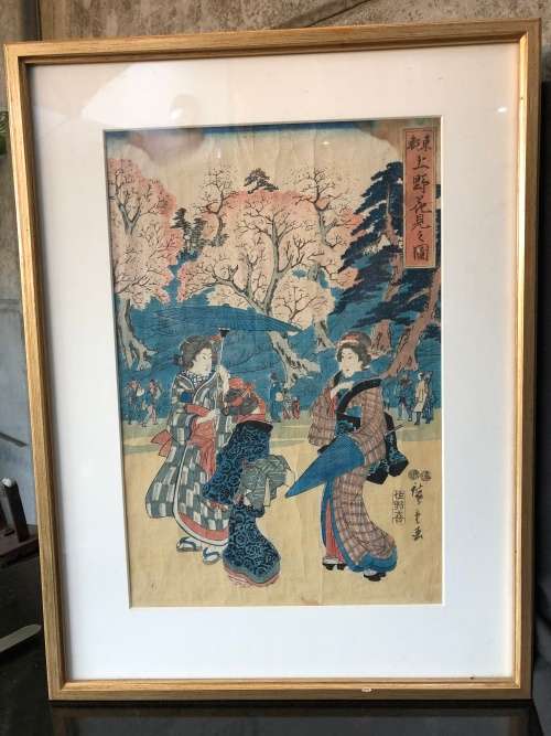 INVESTMENT ART !!! UTAGAWA HIROSHIGE ORIGINAL WOODBLOCK - "CHERRY BLOSSOM VIEWING IN UENO TOKYO"