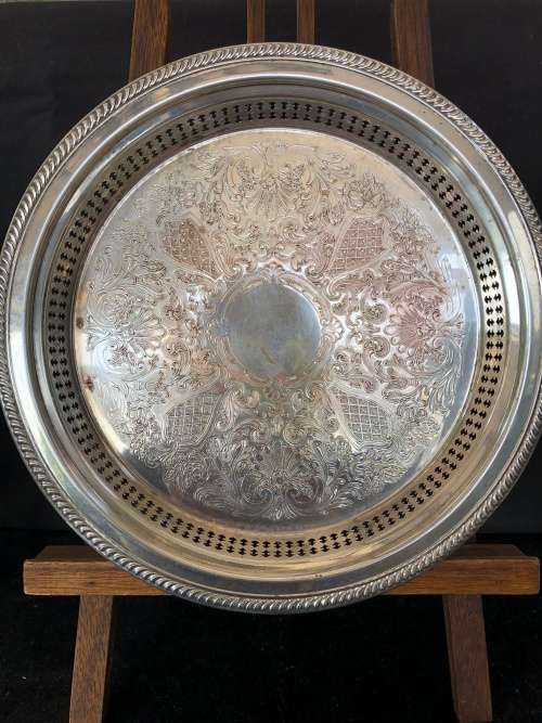 WOW !!! STUNNING ROUND SILVER PLATED PIERCED GALLERY TRAY MARKED EMESS