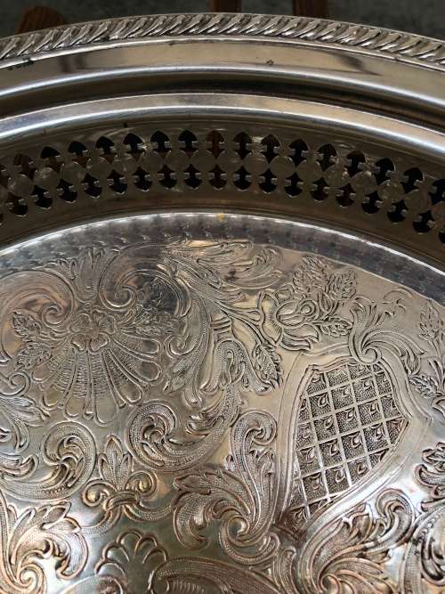WOW !!! STUNNING ROUND SILVER PLATED PIERCED GALLERY TRAY MARKED EMESS