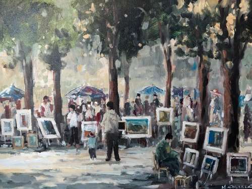 INVESTMENT ART ~ FAMOUS SA ARTIST MAURO CHIARLA LARGE OIL ON CANVAS TITLED "ART IN THE PARK"