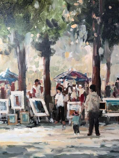 INVESTMENT ART ~ FAMOUS SA ARTIST MAURO CHIARLA LARGE OIL ON CANVAS TITLED "ART IN THE PARK"