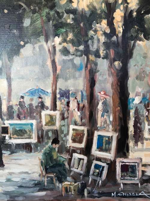 INVESTMENT ART ~ FAMOUS SA ARTIST MAURO CHIARLA LARGE OIL ON CANVAS TITLED "ART IN THE PARK"