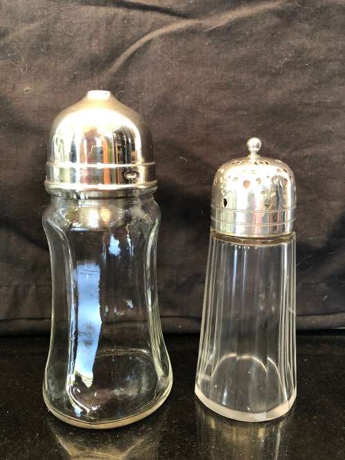VINTAGE GLASS CASTOR AND SYRUP DISPENSER WITH SILVER PLATED TOPS  - AS A LOT