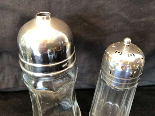 VINTAGE GLASS CASTOR AND SYRUP DISPENSER WITH SILVER PLATED TOPS  - AS A LOT