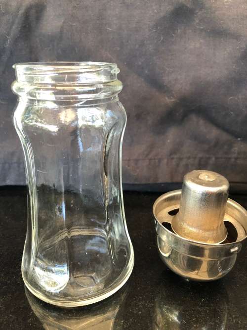 VINTAGE GLASS CASTOR AND SYRUP DISPENSER WITH SILVER PLATED TOPS  - AS A LOT