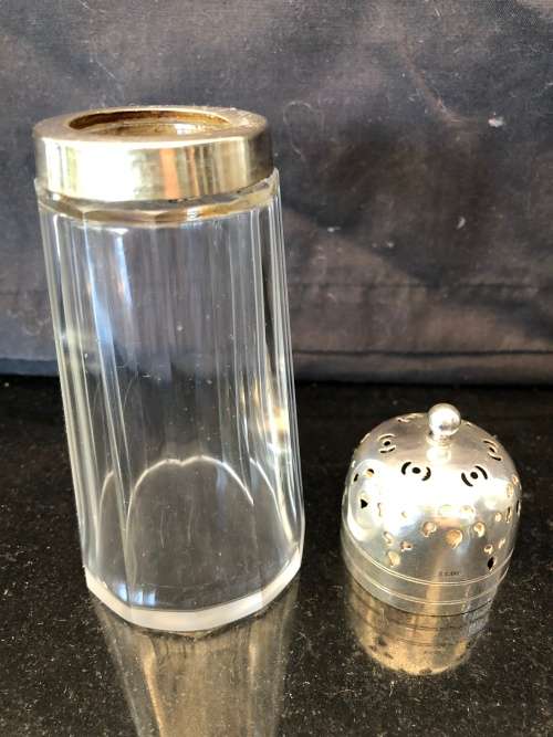 VINTAGE GLASS CASTOR AND SYRUP DISPENSER WITH SILVER PLATED TOPS  - AS A LOT