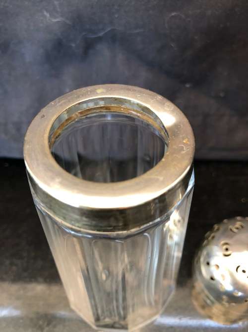 VINTAGE GLASS CASTOR AND SYRUP DISPENSER WITH SILVER PLATED TOPS  - AS A LOT