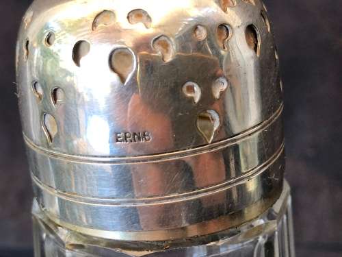 VINTAGE GLASS CASTOR AND SYRUP DISPENSER WITH SILVER PLATED TOPS  - AS A LOT