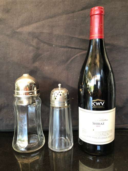 VINTAGE GLASS CASTOR AND SYRUP DISPENSER WITH SILVER PLATED TOPS  - AS A LOT