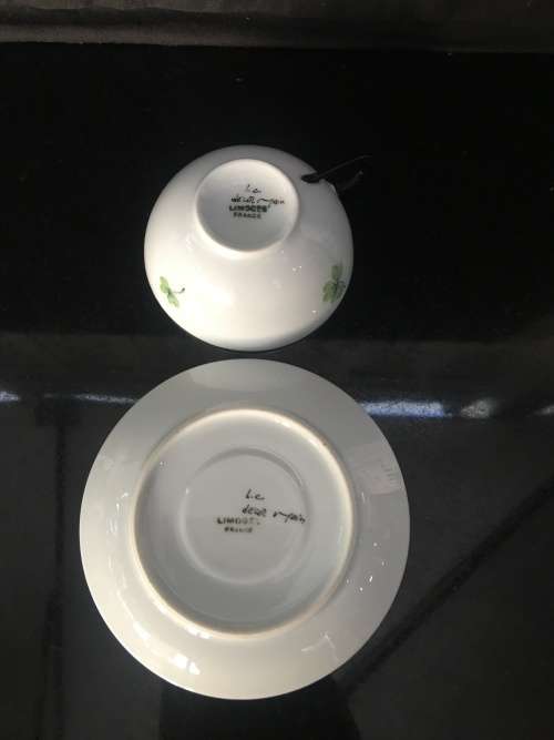 Antique  Limoges France Botanical Hand Painted Eggshell Demitasse Cup & Saucer. Marked.