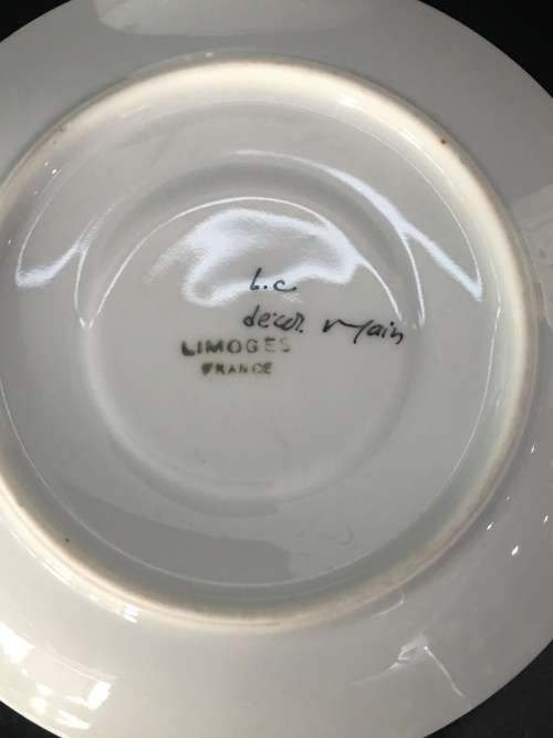 Antique  Limoges France Botanical Hand Painted Eggshell Demitasse Cup & Saucer. Marked.