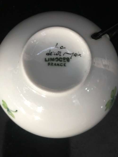 Antique  Limoges France Botanical Hand Painted Eggshell Demitasse Cup & Saucer. Marked.