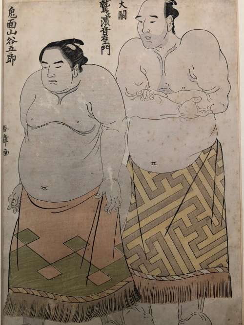 WOW !!! KATSUKAWA SHUNSHO (1726 -1793) JAPANESE ORIGINAL WOODBLOCK OF TWO OZEKI-RANK SUMO WRESTLERS