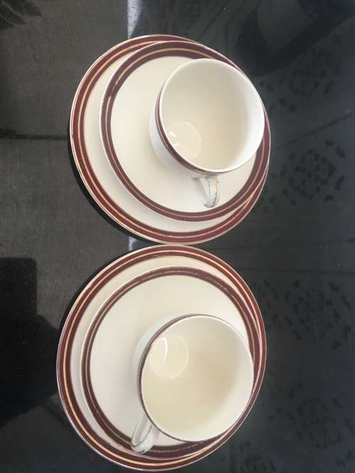 set of 2 Beautiful Vintage c1940s Burgundy and Gold Std Size Tea Trios