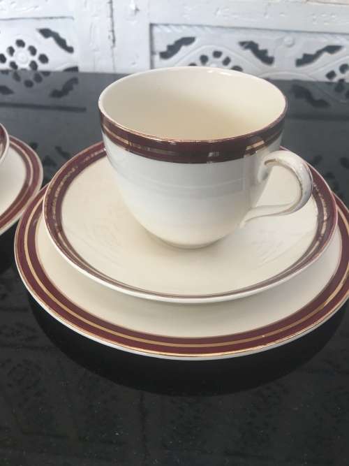 set of 2 Beautiful Vintage c1940s Burgundy and Gold Std Size Tea Trios