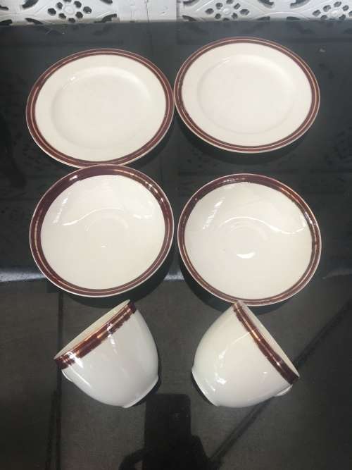 set of 2 Beautiful Vintage c1940s Burgundy and Gold Std Size Tea Trios