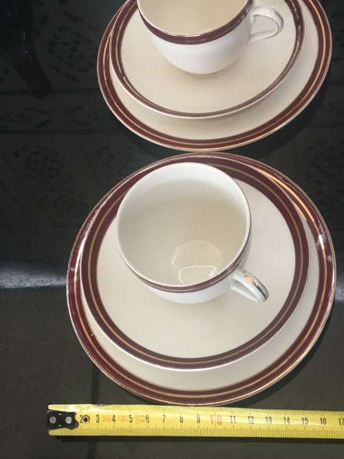 set of 2 Beautiful Vintage c1940s Burgundy and Gold Std Size Tea Trios