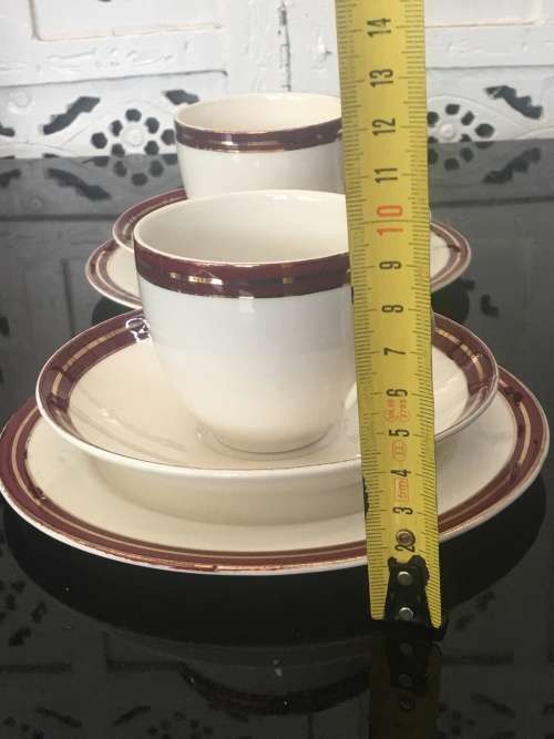 set of 2 Beautiful Vintage c1940s Burgundy and Gold Std Size Tea Trios