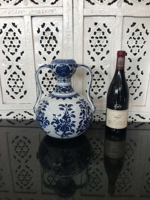 Large Qianlong Marked late 1900s Replica Chinese Famous Blue Double Gourd Vases with Double Handles