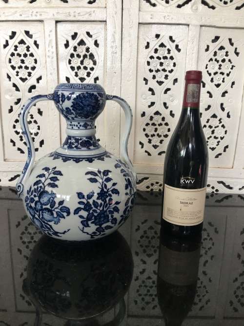 Large Qianlong Marked late 1900s Replica Chinese Famous Blue Double Gourd Vases with Double Handles
