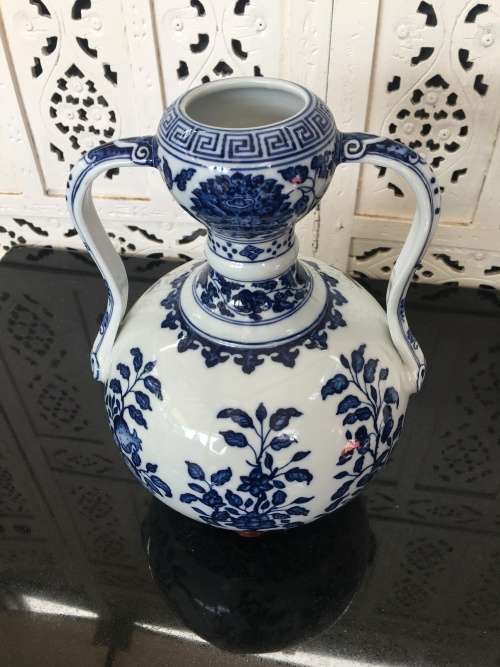 Large Qianlong Marked late 1900s Replica Chinese Famous Blue Double Gourd Vases with Double Handles