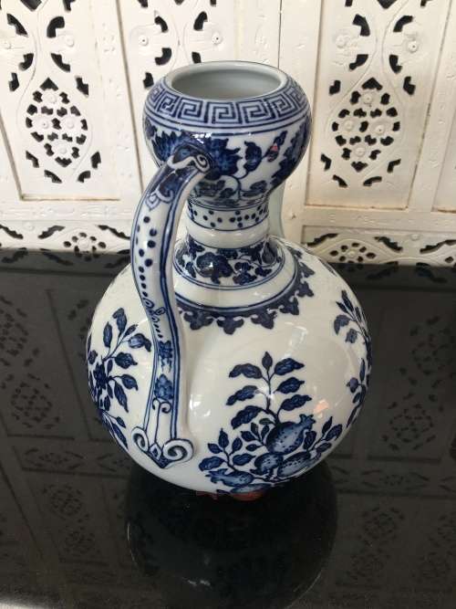 Large Qianlong Marked late 1900s Replica Chinese Famous Blue Double Gourd Vases with Double Handles