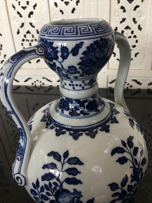 Large Qianlong Marked late 1900s Replica Chinese Famous Blue Double Gourd Vases with Double Handles