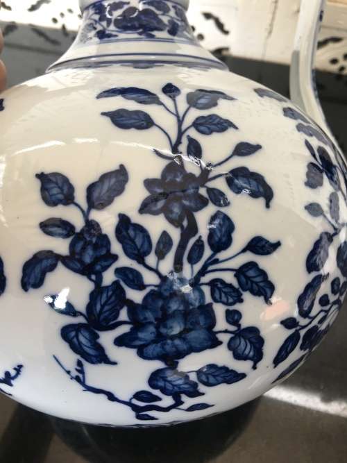 Large Qianlong Marked late 1900s Replica Chinese Famous Blue Double Gourd Vases with Double Handles