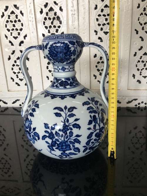 Large Qianlong Marked late 1900s Replica Chinese Famous Blue Double Gourd Vases with Double Handles