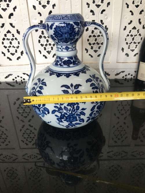 Large Qianlong Marked late 1900s Replica Chinese Famous Blue Double Gourd Vases with Double Handles