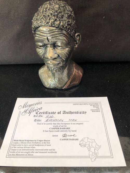 INVESTMENT ART - SIGNED CASPER DARARE (1952 - 2001) BUSHMAN METAL SCULPTURE WITH COA