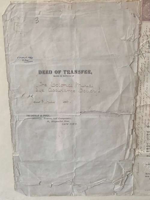 WOW !!! FRAMED ORIGINAL DEED OF TRANSFER FOR "COLONIAL MUTUAL" ADDERLEY STREET CAPE TOWN DATED 1883