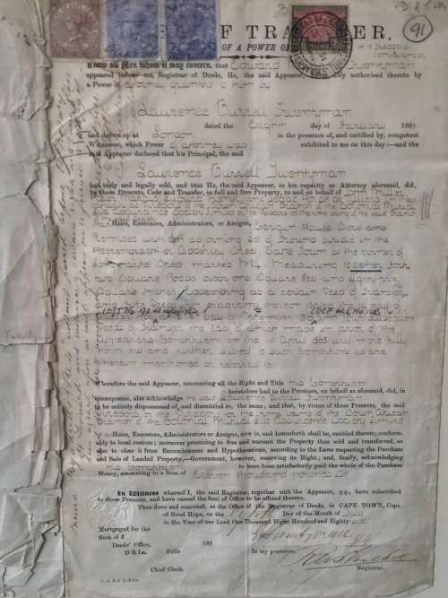 WOW !!! FRAMED ORIGINAL DEED OF TRANSFER FOR "COLONIAL MUTUAL" ADDERLEY STREET CAPE TOWN DATED 1883