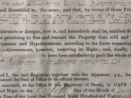 WOW !!! FRAMED ORIGINAL DEED OF TRANSFER FOR "COLONIAL MUTUAL" ADDERLEY STREET CAPE TOWN DATED 1883
